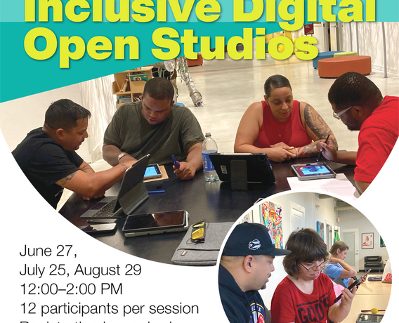 people gathered around a table creating digital art on tablets. 